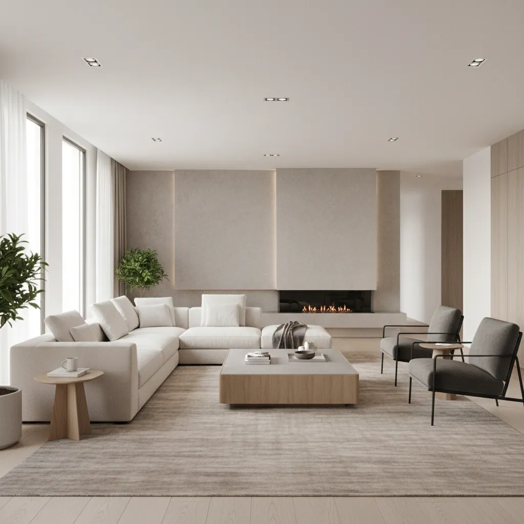 Modern 15x15 living room layout with sofa chairs and coffee table arrangement