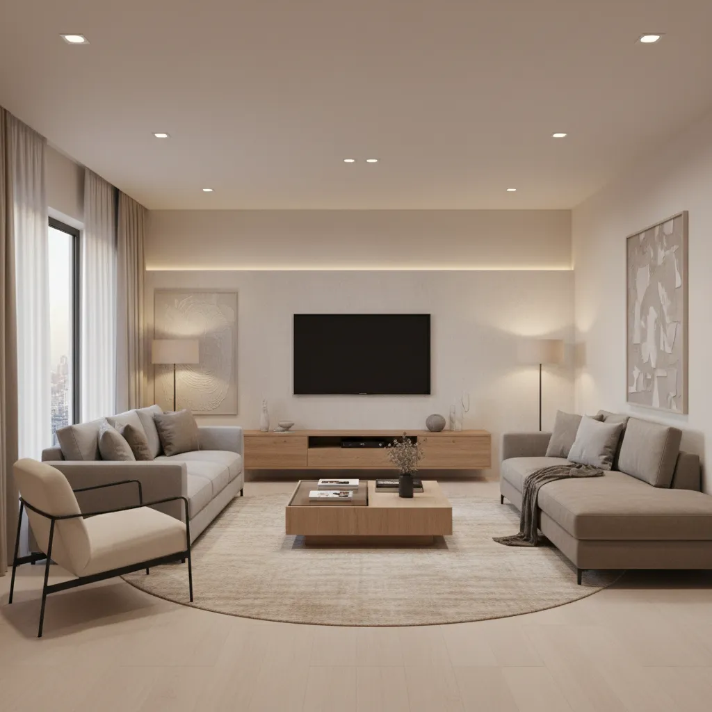 Living room showing sofa distance from 65 inch TV across square room