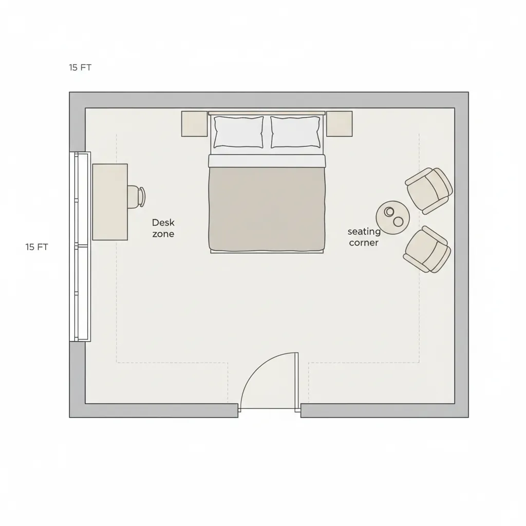 top down floor plan layout of a 15x15 room with furniture zones