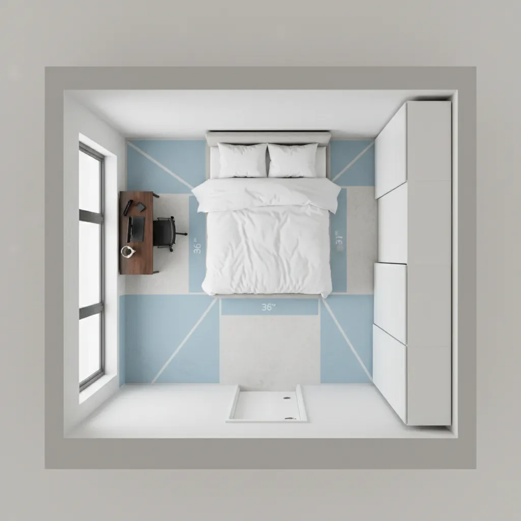 15x15 room layout showing clear walking paths around bed and furniture