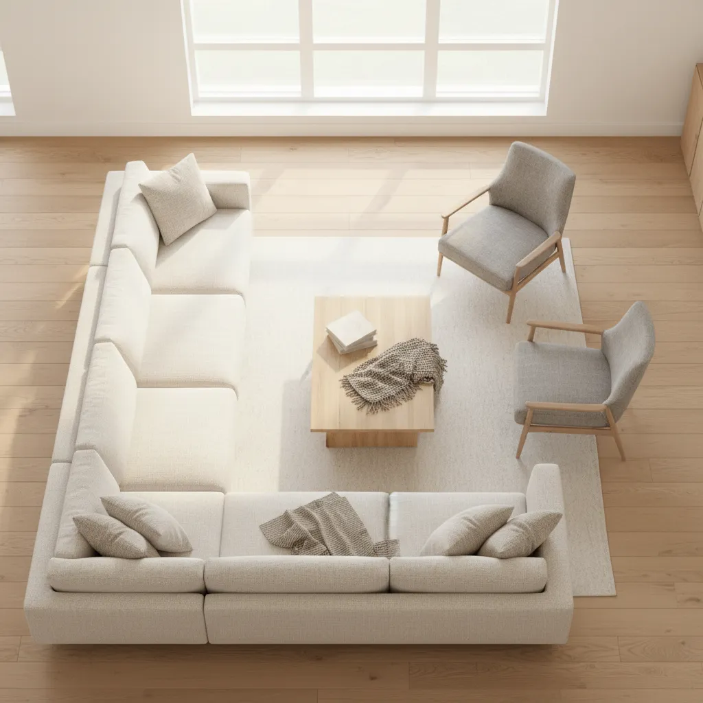 medium size living room layout with sofa and chairs in a 15 by 18 space