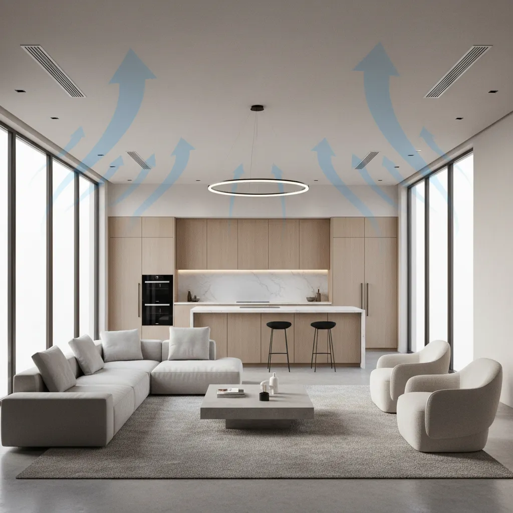 modern 1600 sq ft living room showing airflow distribution for home cooling