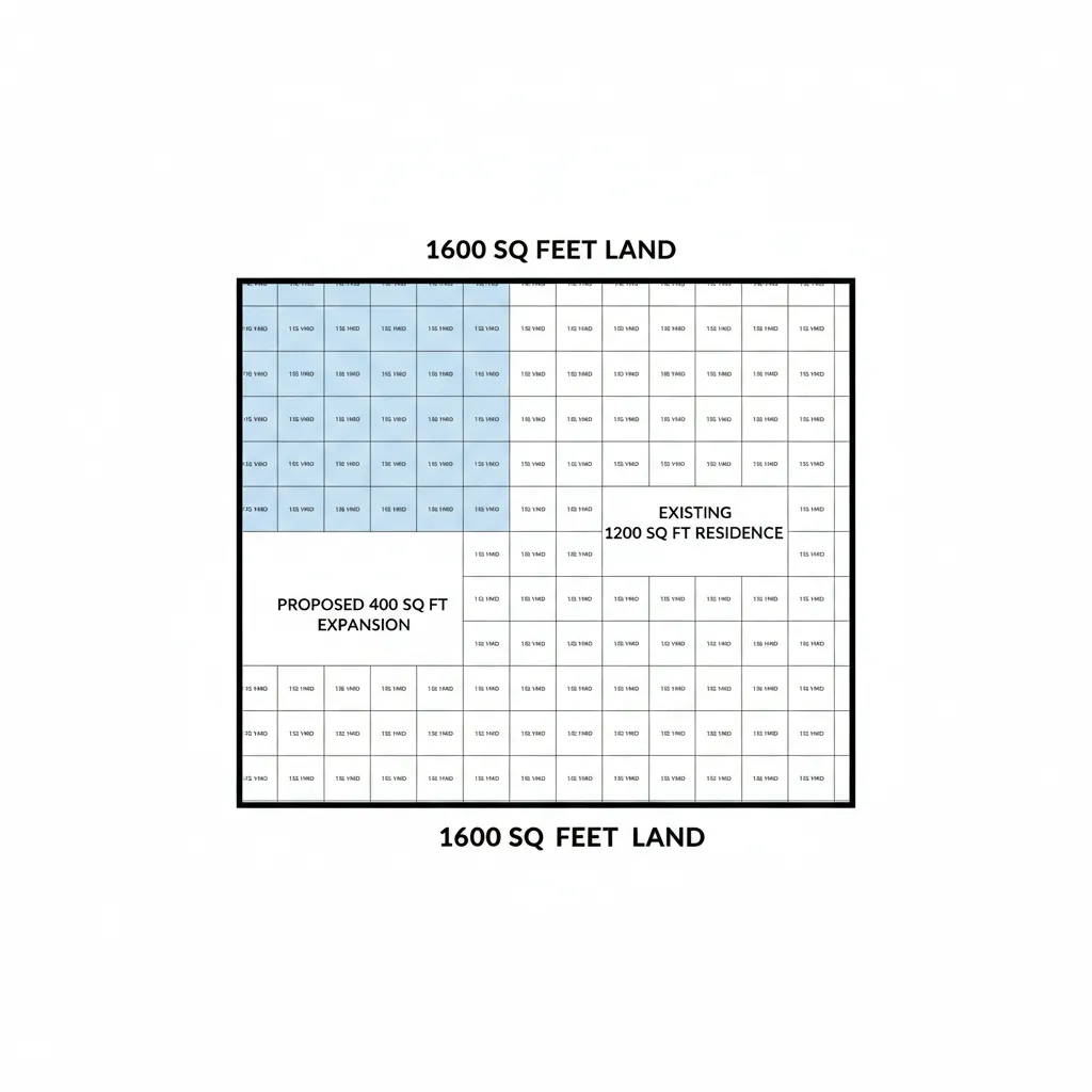 Residential plot showing conversion example from 1600 square feet to square yards