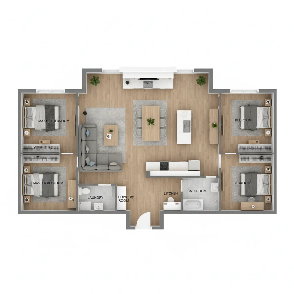 clean 3D floor plan layout of a 1600 square foot house showing open living kitchen area