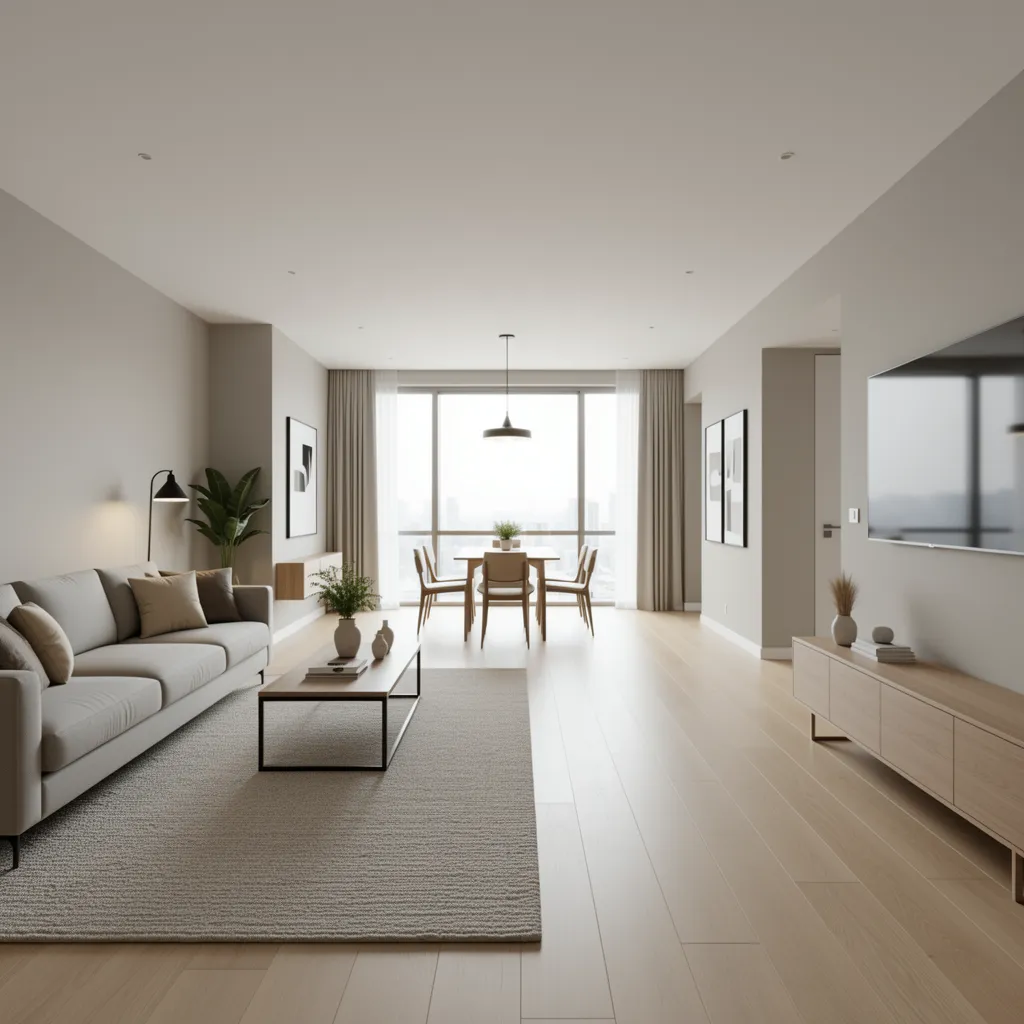 Open plan apartment showing clearly zoned living dining and circulation areas