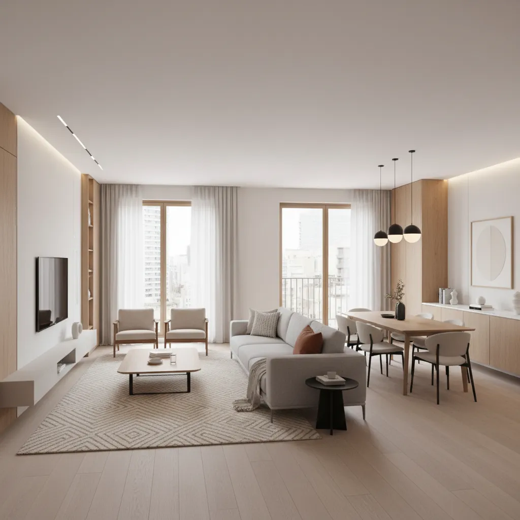 Open living and dining layout inside a 1680 sq ft apartment