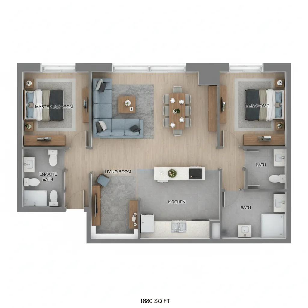 Three bedroom layout visualization for a 1680 sq ft apartment
