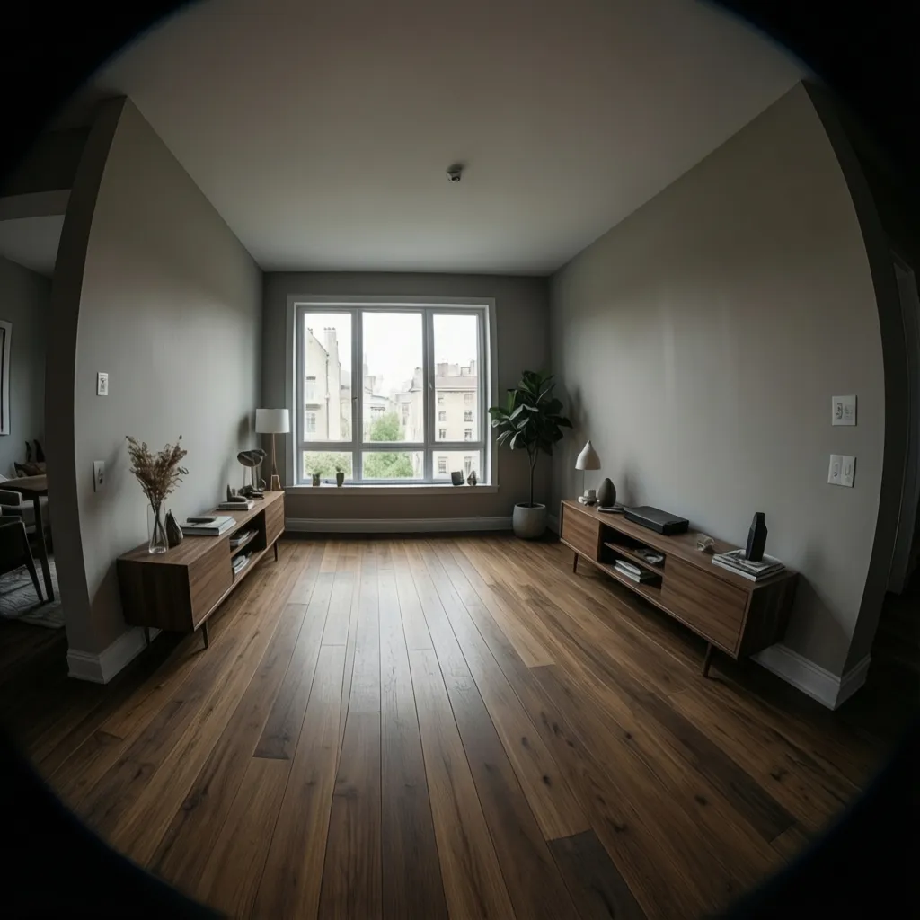Empty 16 x 13 living room ready for furniture layout planning