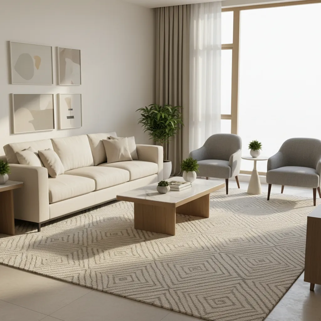 Furniture arrangement for a 16 x 13 living room staging layout