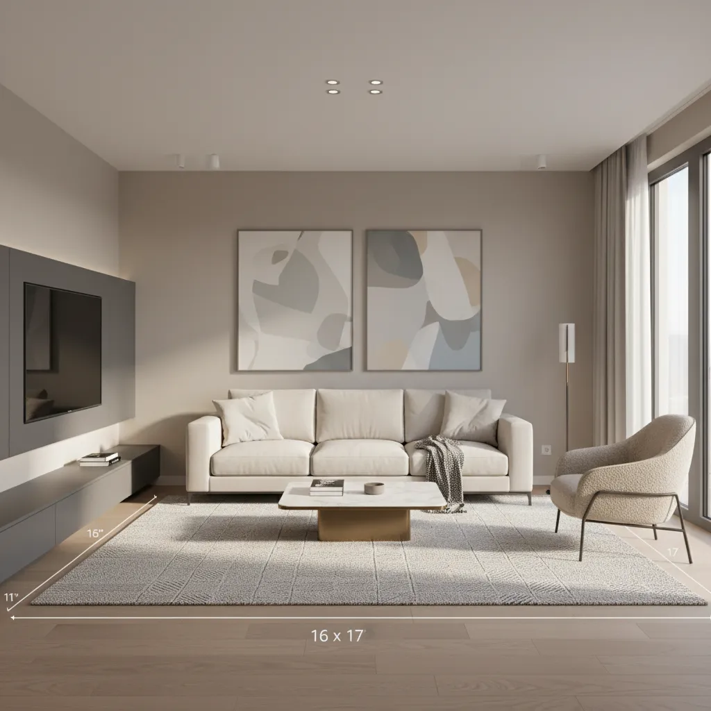 example layout of a 16 x 17 living room showing clear circulation space