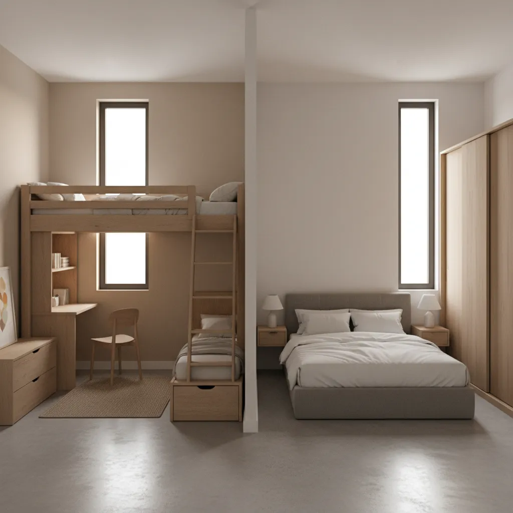 Compact family bedroom arrangement in a 16x40 house plan
