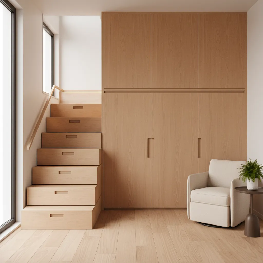 built-in storage and stair drawers inside a tiny house