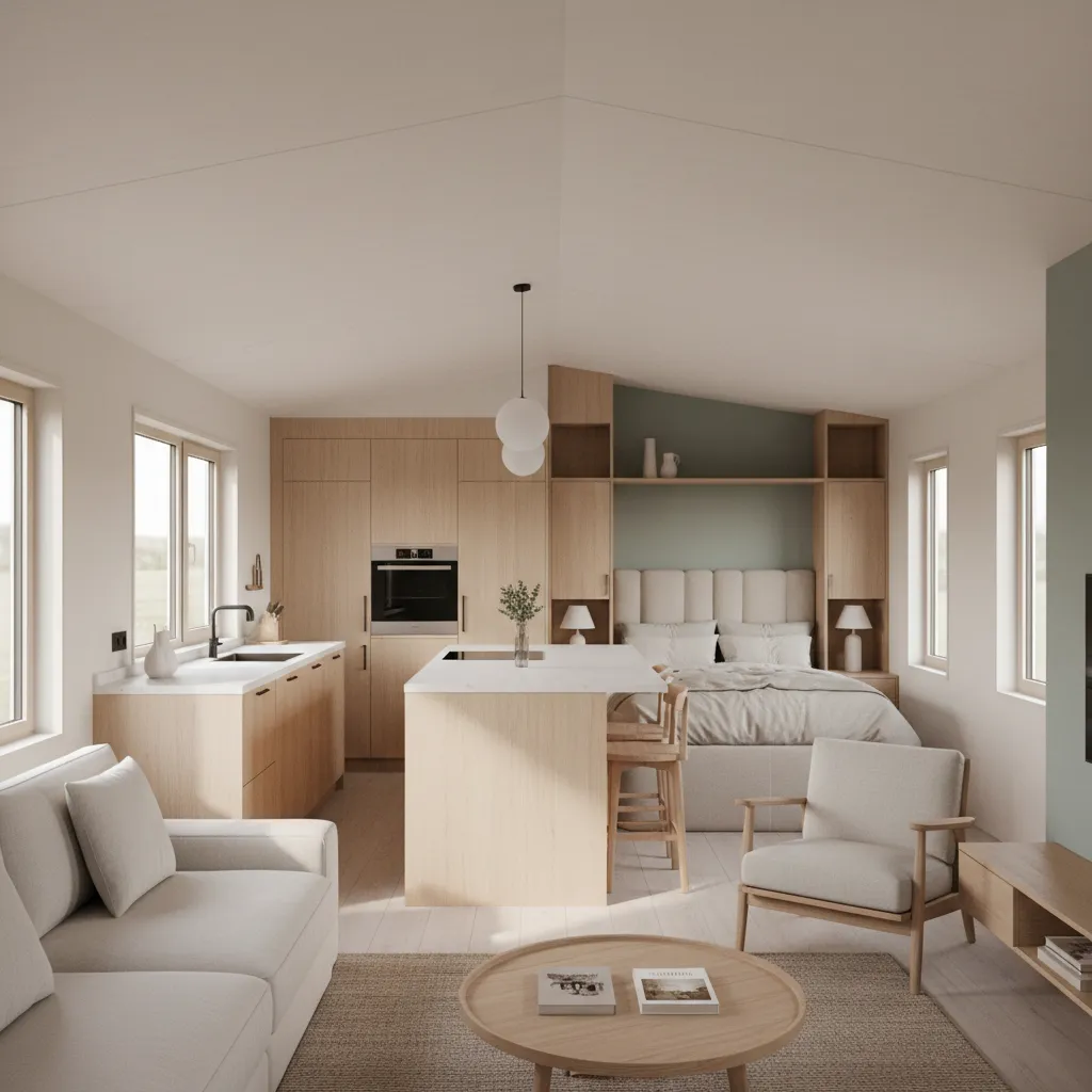 Complete interior view of a finished 16x40 tiny house with living kitchen and bedroom areas