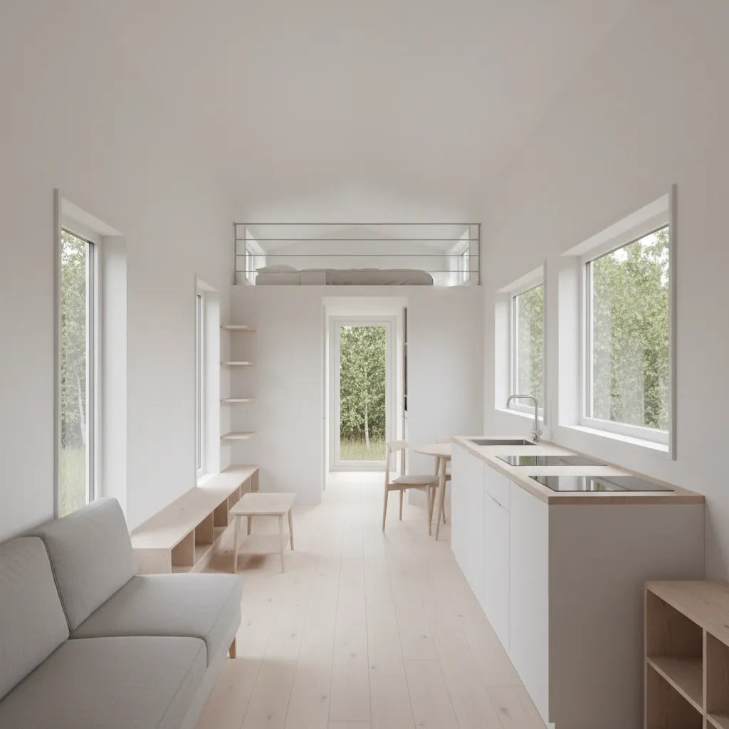 Open interior layout of a 16x40 tiny house showing narrow living area and loft