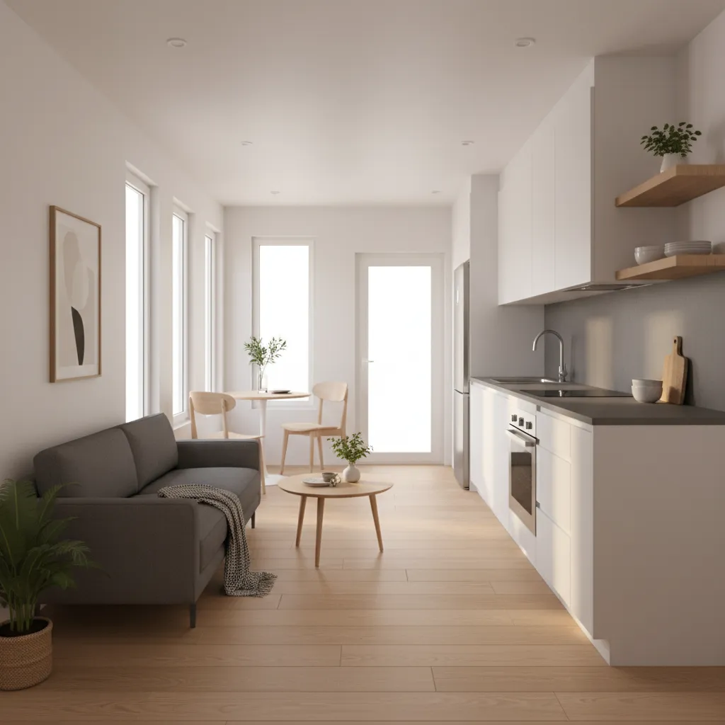 Interior perspective of a 16x40 tiny house showing open living room and kitchen layout