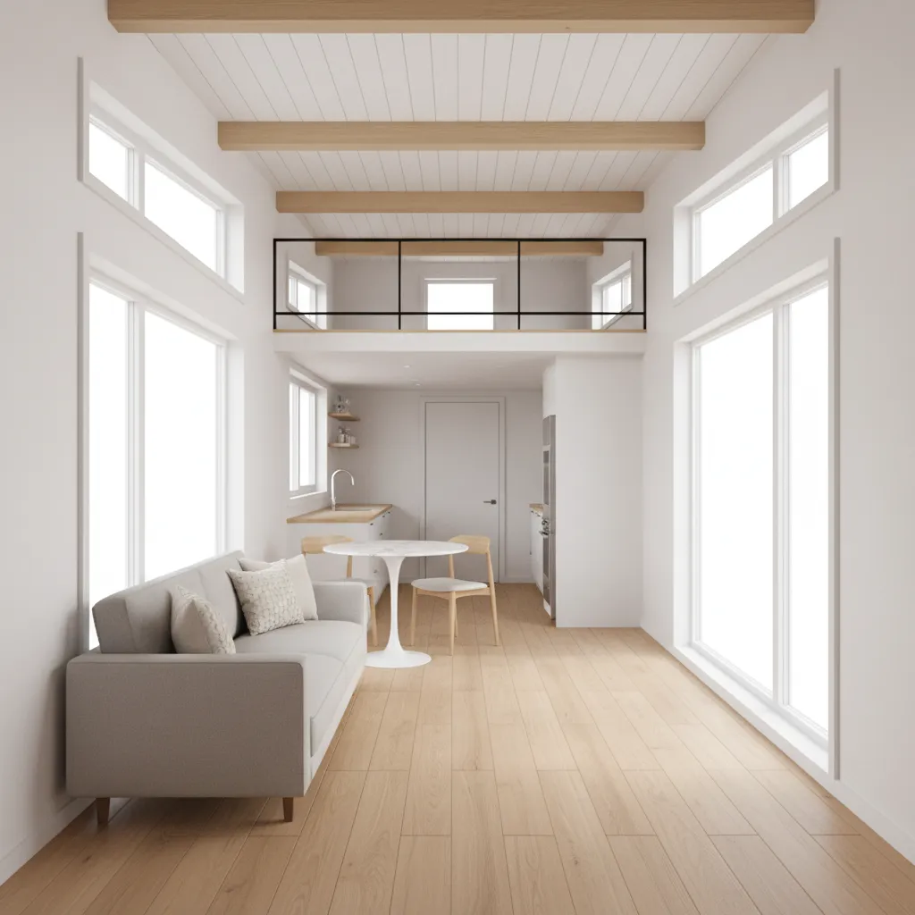 open living room layout inside a 16x40 tiny house