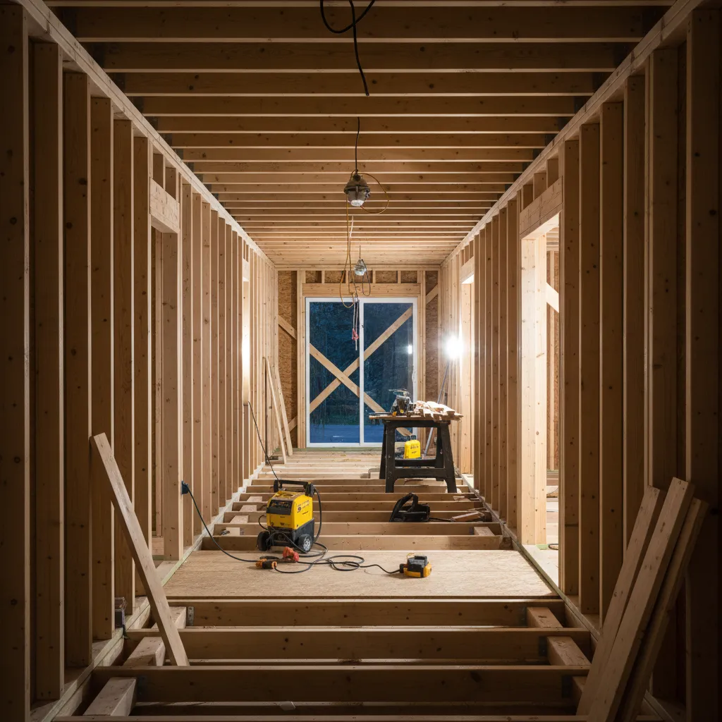 Structural framing of a long narrow tiny house showing floor joists and wall studs
