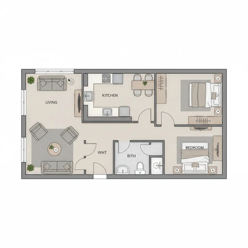 Top view floor plan showing living service and bedroom zones in a 16x40 tiny house