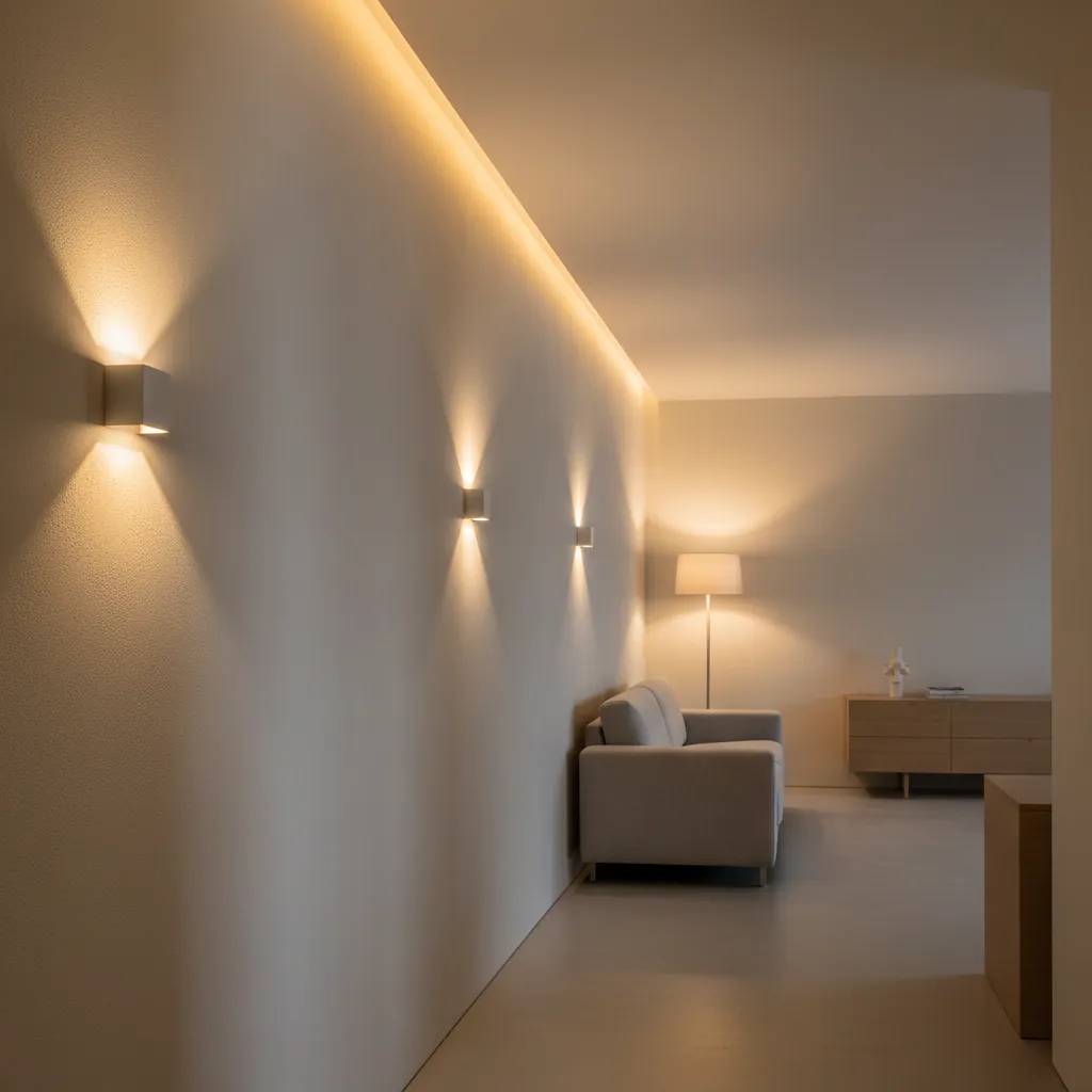 Modern hallway featuring wall lights, floor lamp, grey sofa, wooden cabinet and warm room lighting