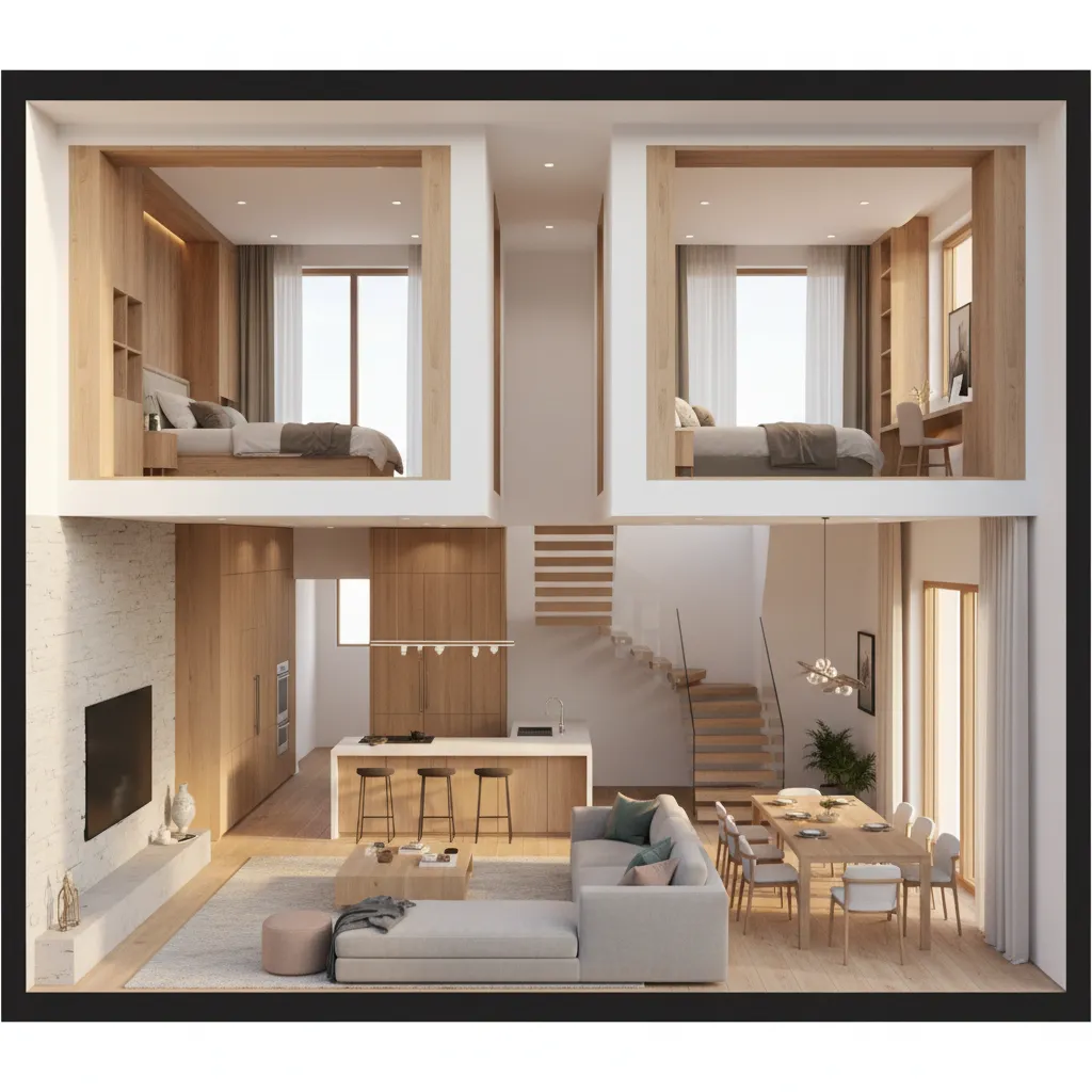 Interior design drawing of a two story house with kitchen living room and upstairs bedrooms