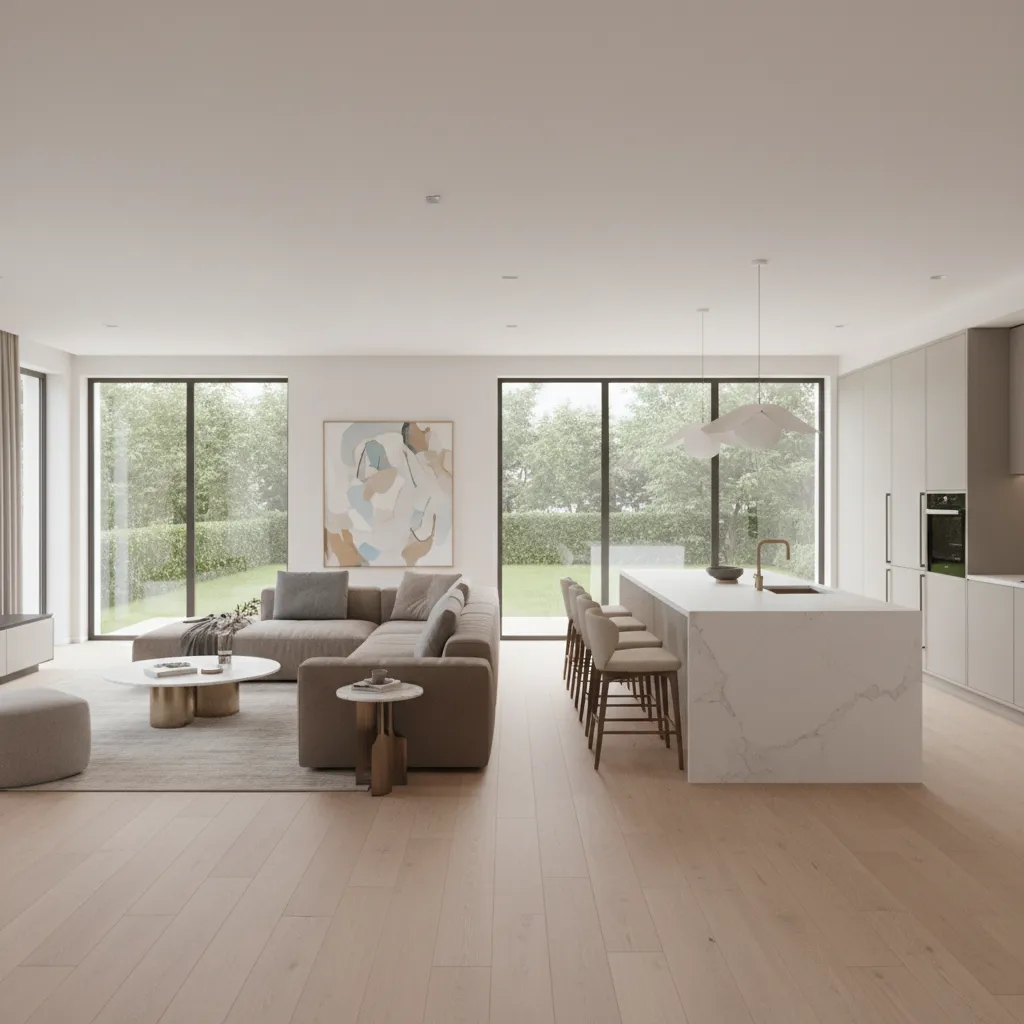 Open plan living room with marble kitchen island grey sofa wooden floor and large windows
