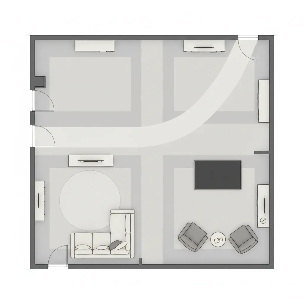 Top view floor layout showing dimensions of a 17x17 living room
