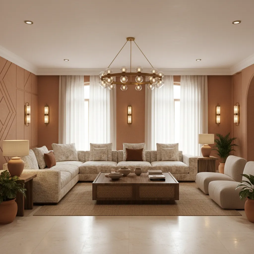 Orange living room with large sectional sofa, wooden coffee table, rug, and gold ceiling light