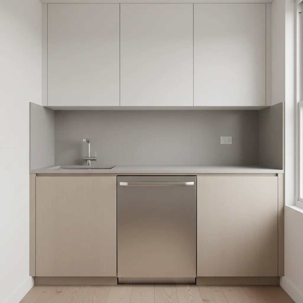 Compact minimalist kitchen with white upper cabinets wood lower cabinets and a silver dishwasher center