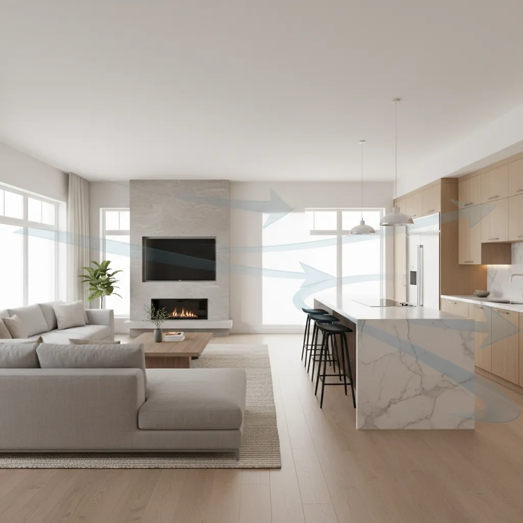 open living space of an 1800 sq ft home showing airflow and cooling coverage areas