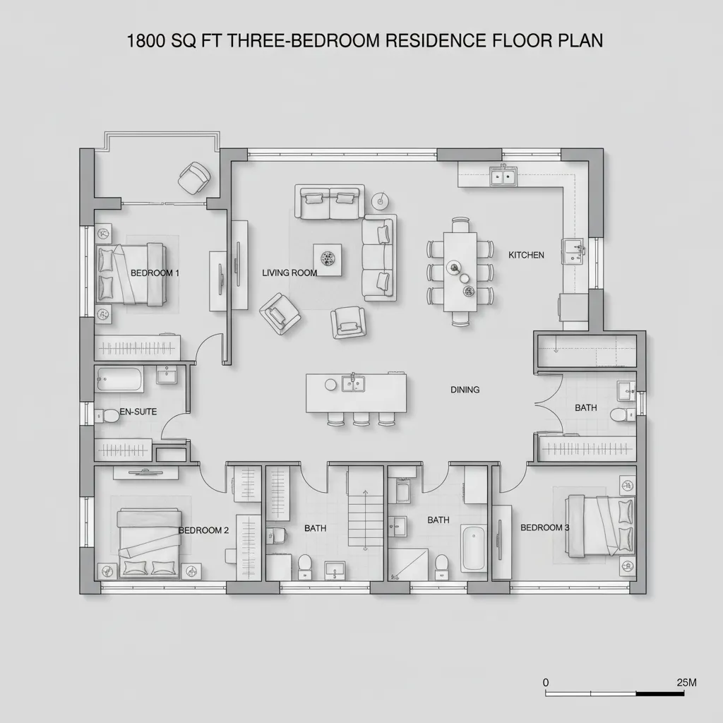 3 bedroom 1800 sq ft house floor plan showing efficient space usage