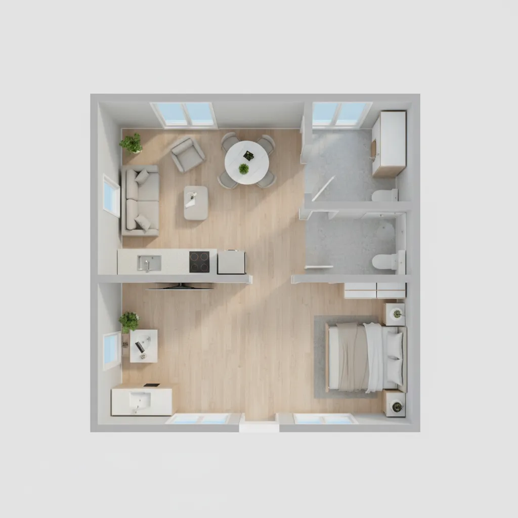 3D floor plan visualization of an 18x30 tiny house layout