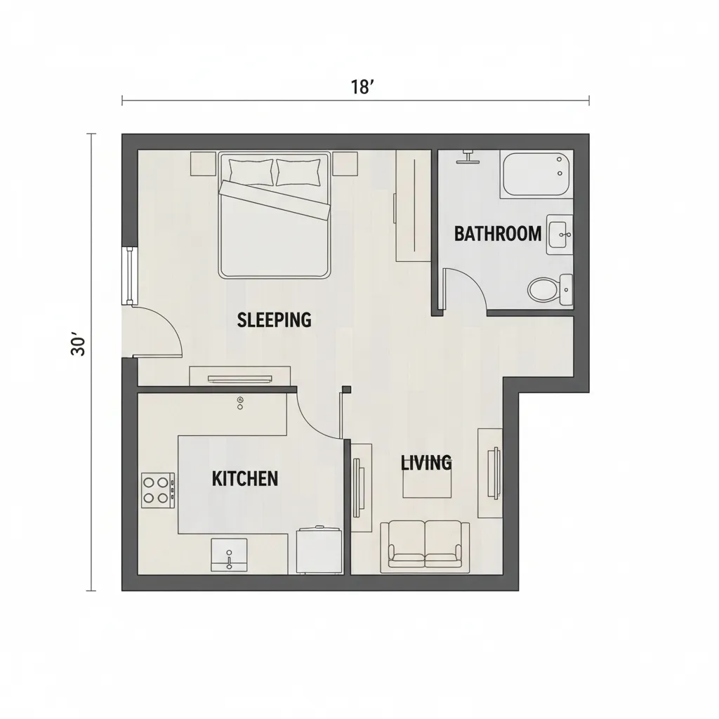 Floor layout zones for an 18x30 tiny house showing kitchen living and sleeping areas