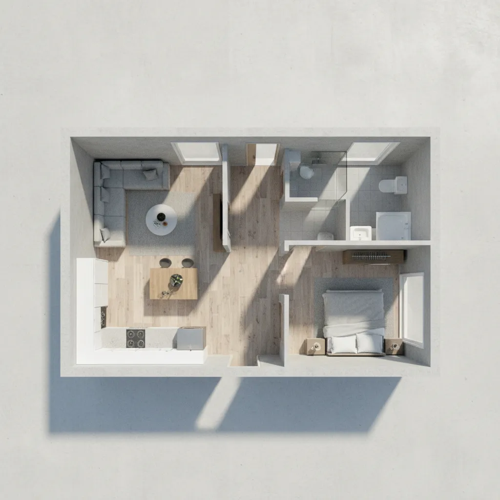 18x30 tiny house floor plan layout showing bedroom kitchen and living area