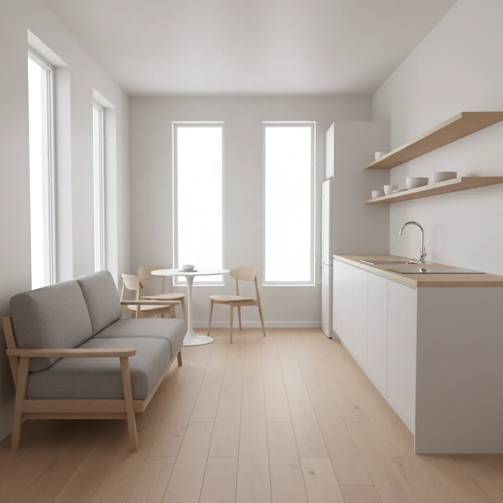 Open living and kitchen layout in an 18x30 tiny house