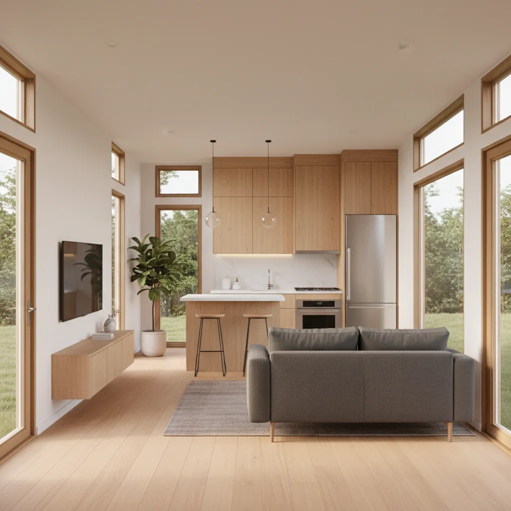 Open concept interior layout inside an 18x30 tiny house