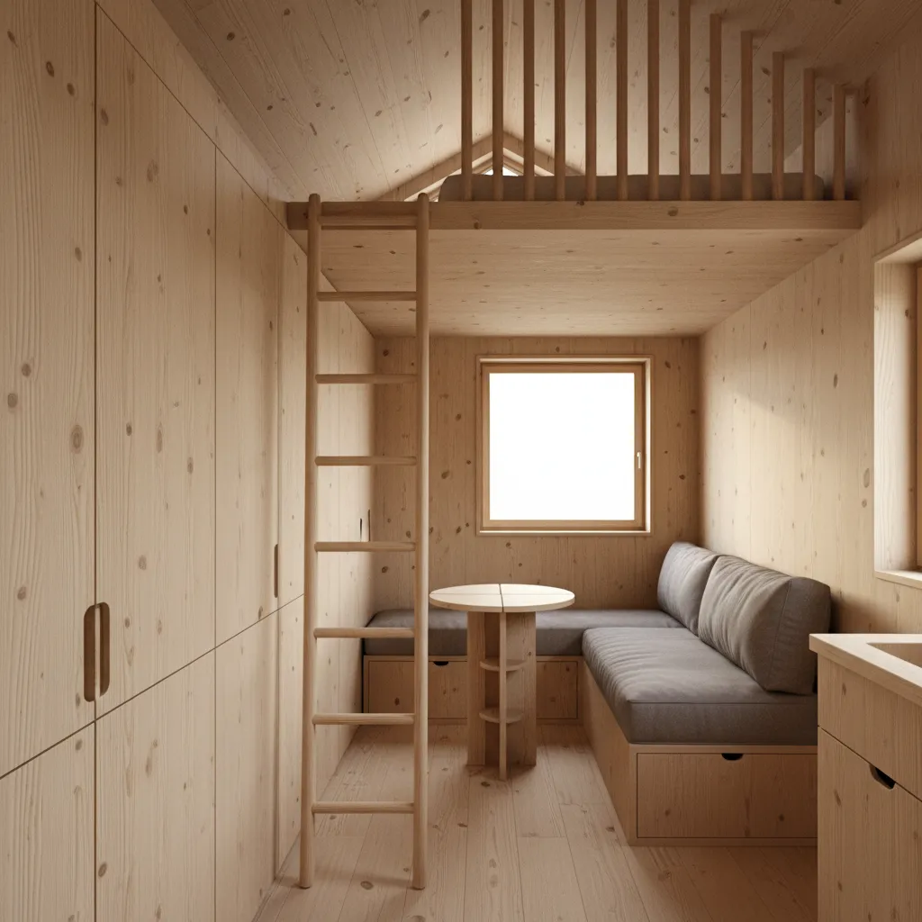 Built in storage and multifunction furniture inside an 18x30 tiny house