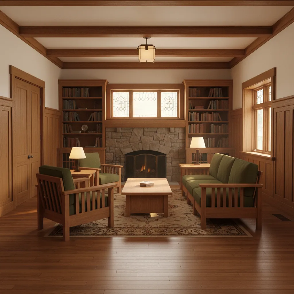 Craftsman style living room showing original built ins and wood trim