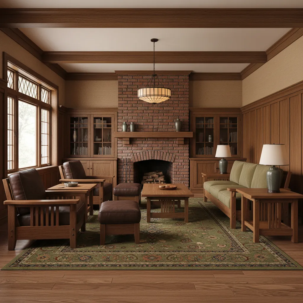 Authentic 1910s craftsman living room with oak wood trim and mission furniture