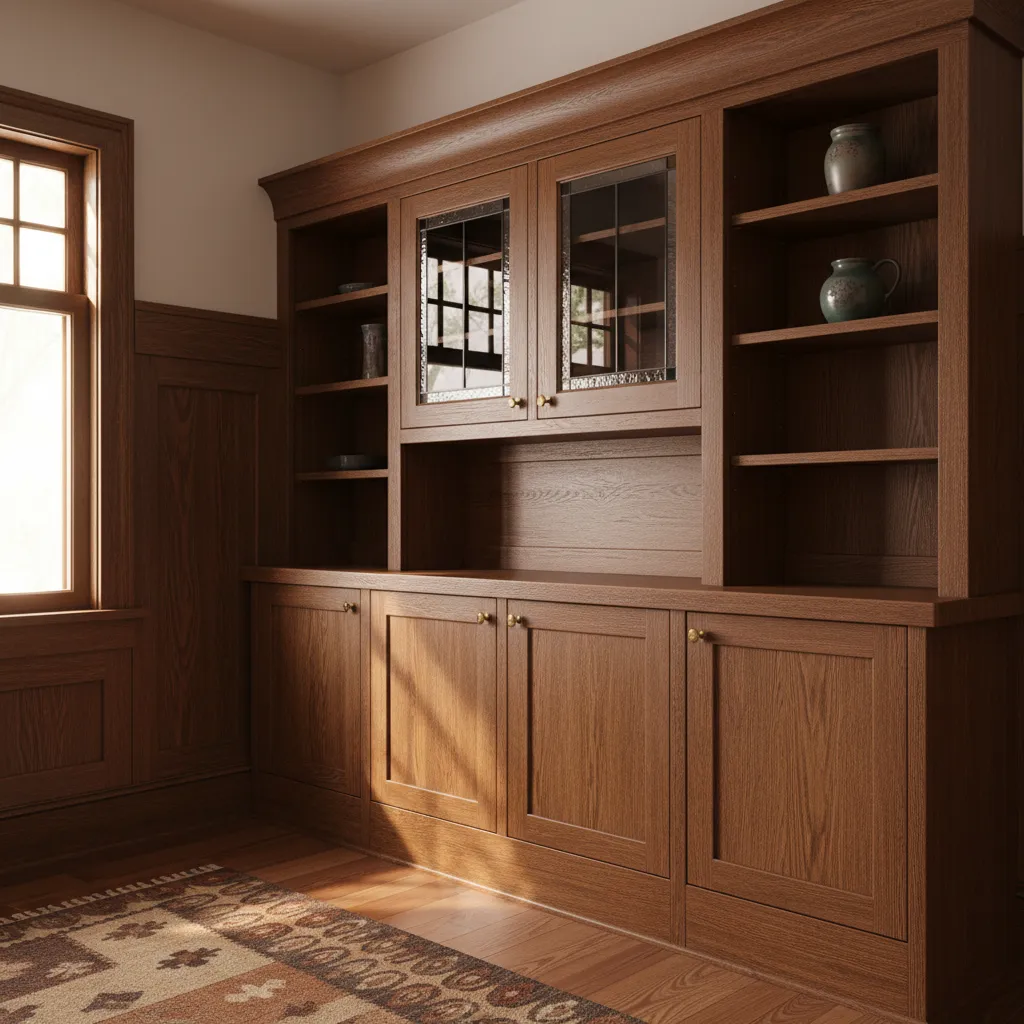 Architectural details of 1910s interior with wood trim and built-ins