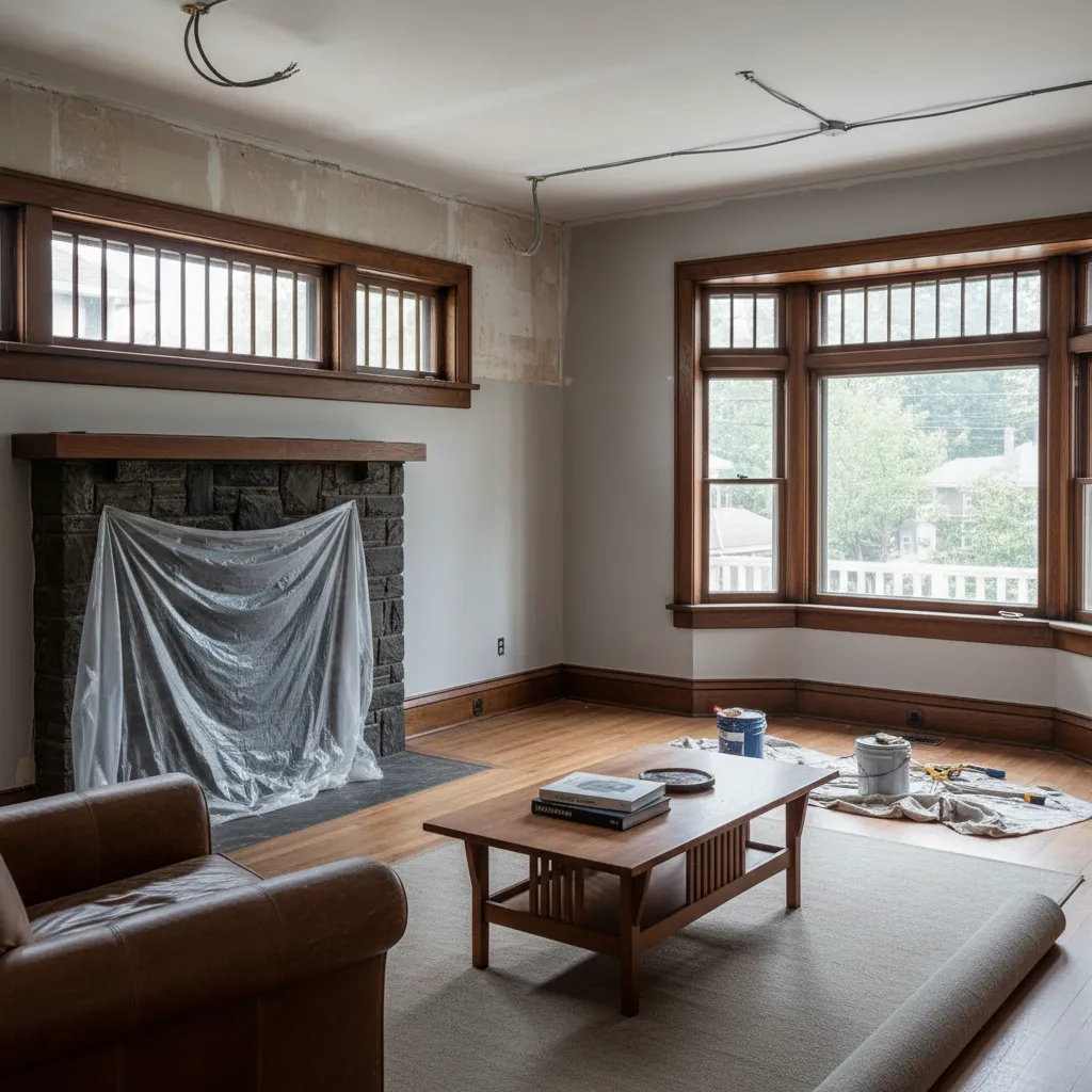 Partially renovated 1910s craftsman living room showing original trim and later renovations