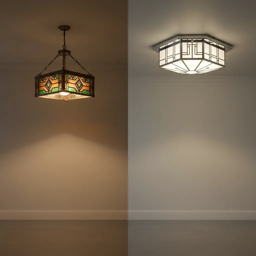 Comparison of craftsman mission lighting and 1920s geometric glass fixtures