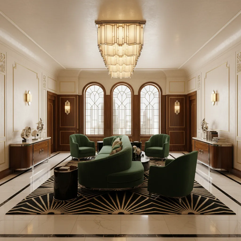 Elegant 1920s interior with art deco furniture and geometric decor