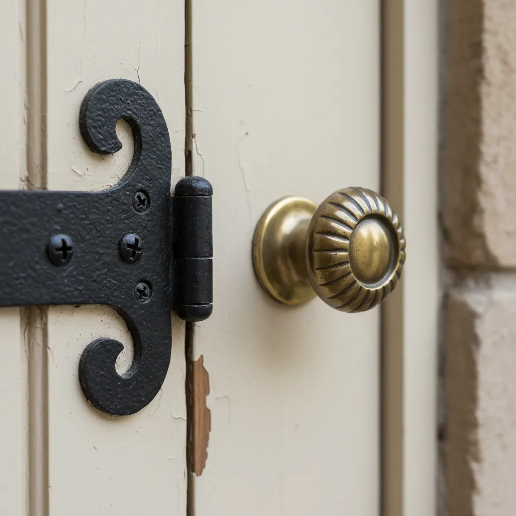 Vintage brass door hardware and iron hinges used in 1920s cottages