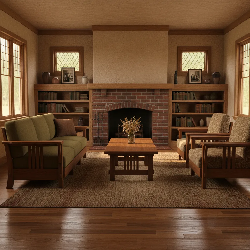 Historic cottage living room with oak floors plaster walls and brick fireplace