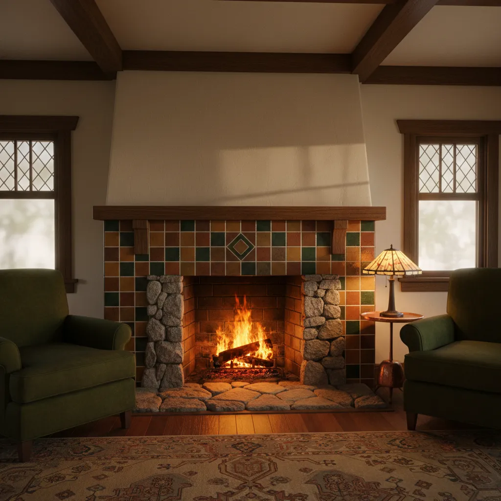 Ceramic tile fireplace surround with stone hearth in 1920s cottage