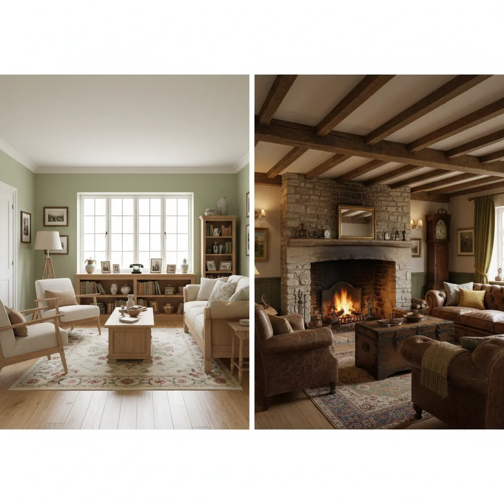 1920s Cottage Interior Design vs English Cottage Style: A practical comparison of layout, materials, colors, and decor to understand how American 1920s cottages differ from traditional English cottage interiors.