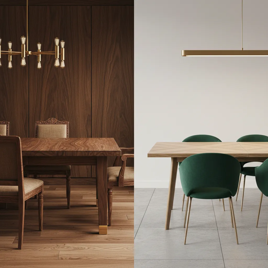 Comparison of authentic wood furniture and modern vintage dining materials
