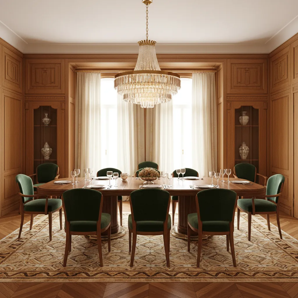 Traditional 1920s dining room interior with centered table and chandelier