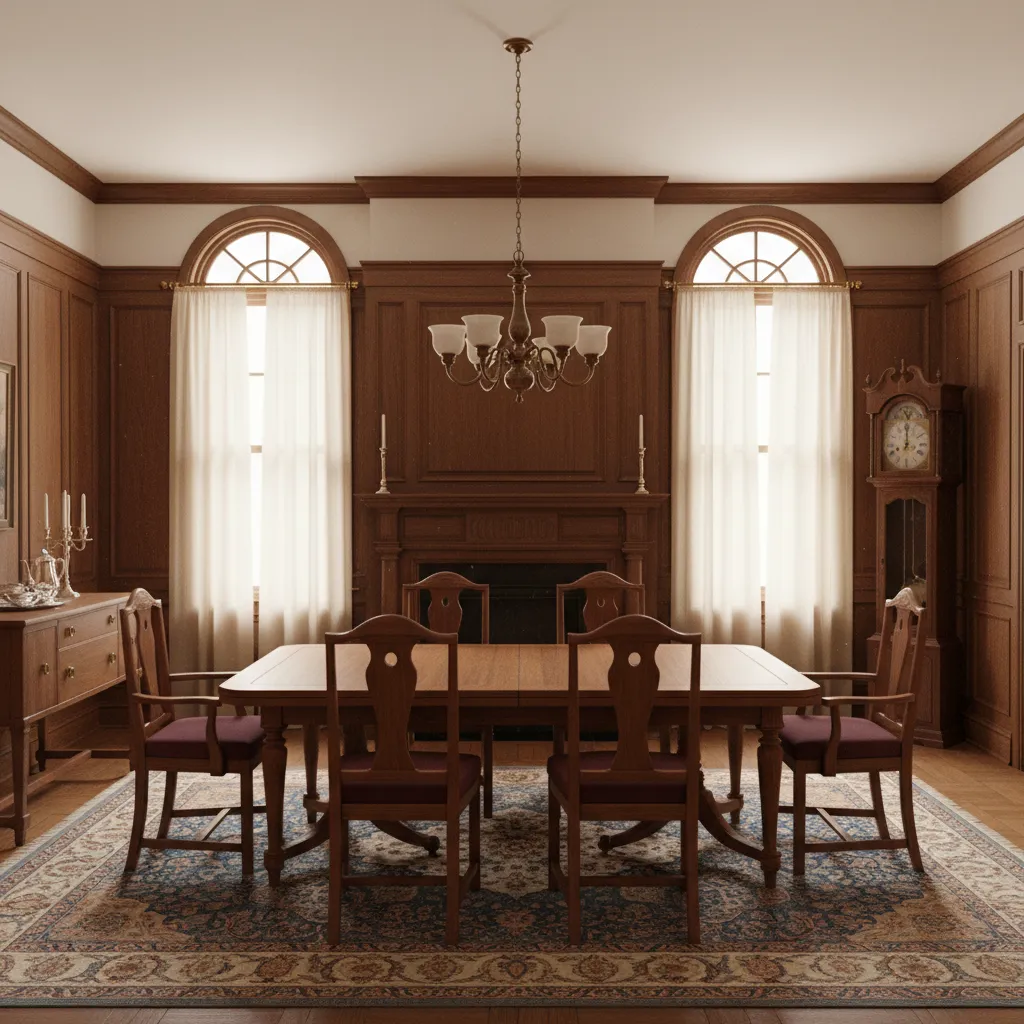 Historic 1920s dining room interior with classic furniture and architectural details