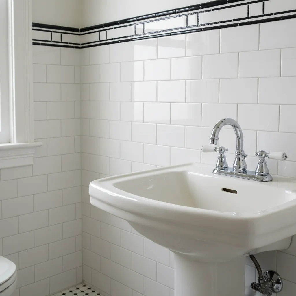 Vintage bathroom tile with decorative border trim